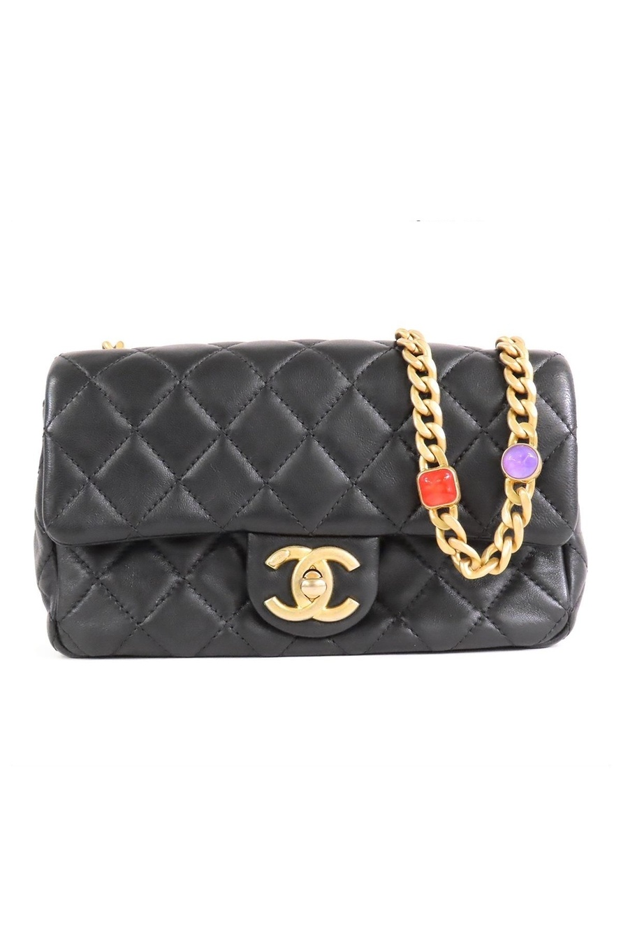 Chanel Single Flap Black Gold Lambskin Color Stone Chain Shoulder Bag